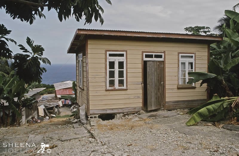 Surrounded by banana trees and overhung by breadfruit trees with the Atlantic Ocean in the background.